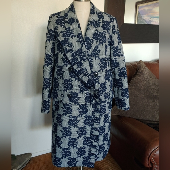 Halogen Blue Floral Plaid Print Ruffle Coat - Picture 6 of 11